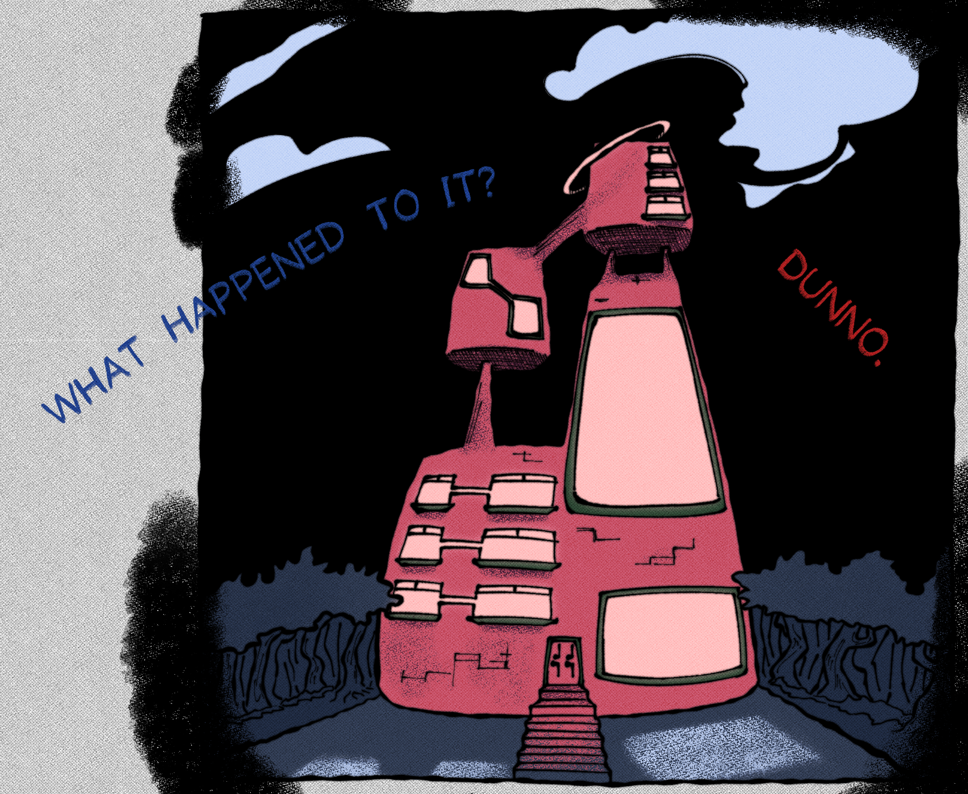 Illustration of a tall futuristic building during the night with the dialogue 'What Happened to it?', followed by 'Dunno', framing it on the left and right. The text is coloured in blue and red respectively, to imply two characters talking. The building is viewed from a worm's eye view perspective, making it look taller. It has multiple rectangular shaped blocks that form each of it's levels, with the tallest one decorated by a floating ring around it' top corner.