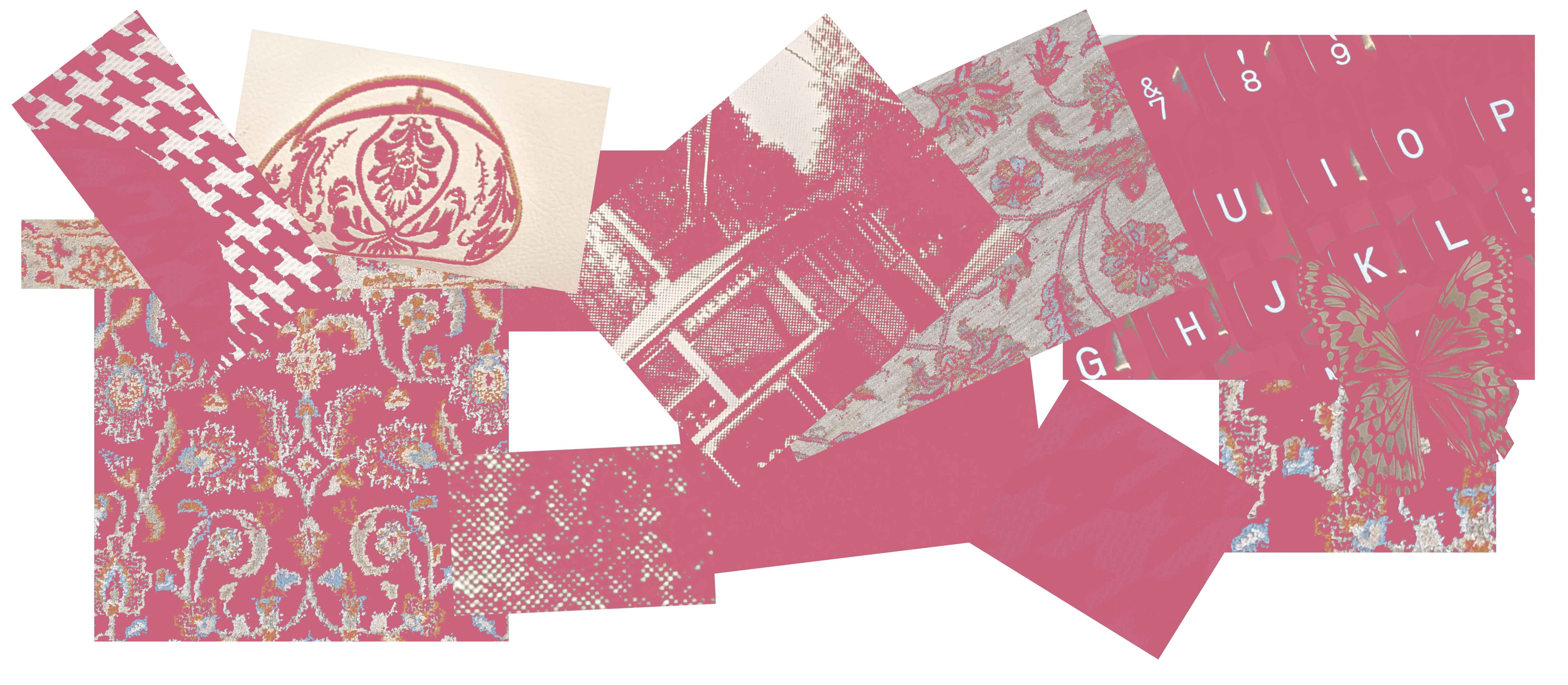 An array of pink tinted collage materials of different textures.