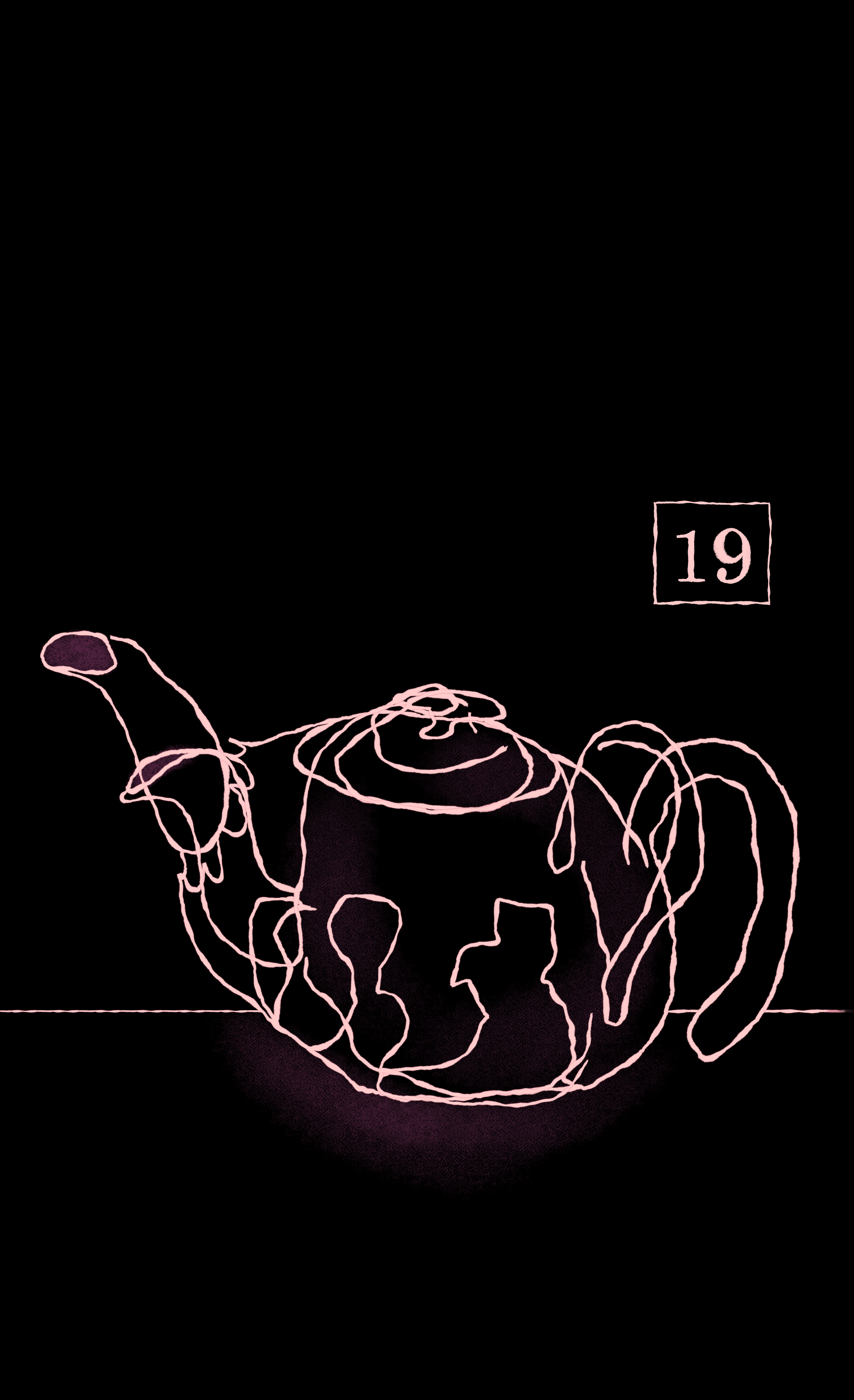 A strange teapot exhibit, showing two teapots seemingly occupying the same place, rendered in wobbly lines with the number '19' on the label behind them.