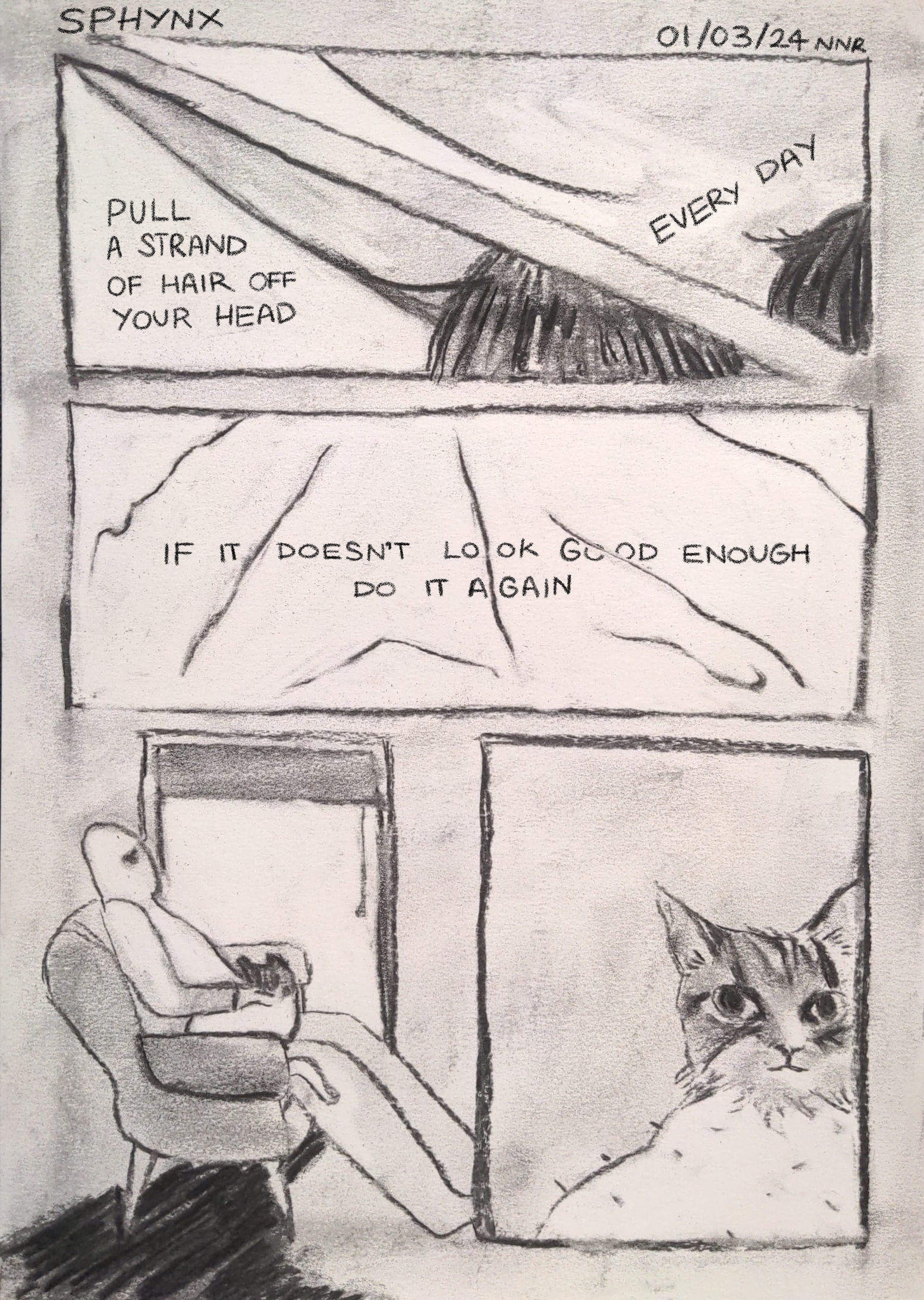 A single page comic rendered in black charcoal on white paper. The first two panels show someone's hair being pulled out and the accompanying text reads 'Pull a strand of hair off your head every day'. A long panel below shows many pieces of hair that overlap text saying 'If it doesn't look good enough do it again'. The next panel is of someone sitting by a window with a cat on their lap. The final panel is a close-up of the cat, only the fur on its head remains.