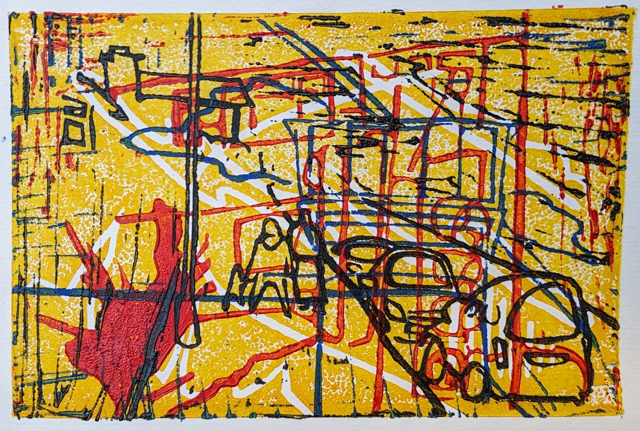 An abstract lino print on white paper of three different prints of outdoors life drawings layered over each other. The background print is yellow and the other two are red and blue. Parked cars, a bush and a parent and child walking can be seen.