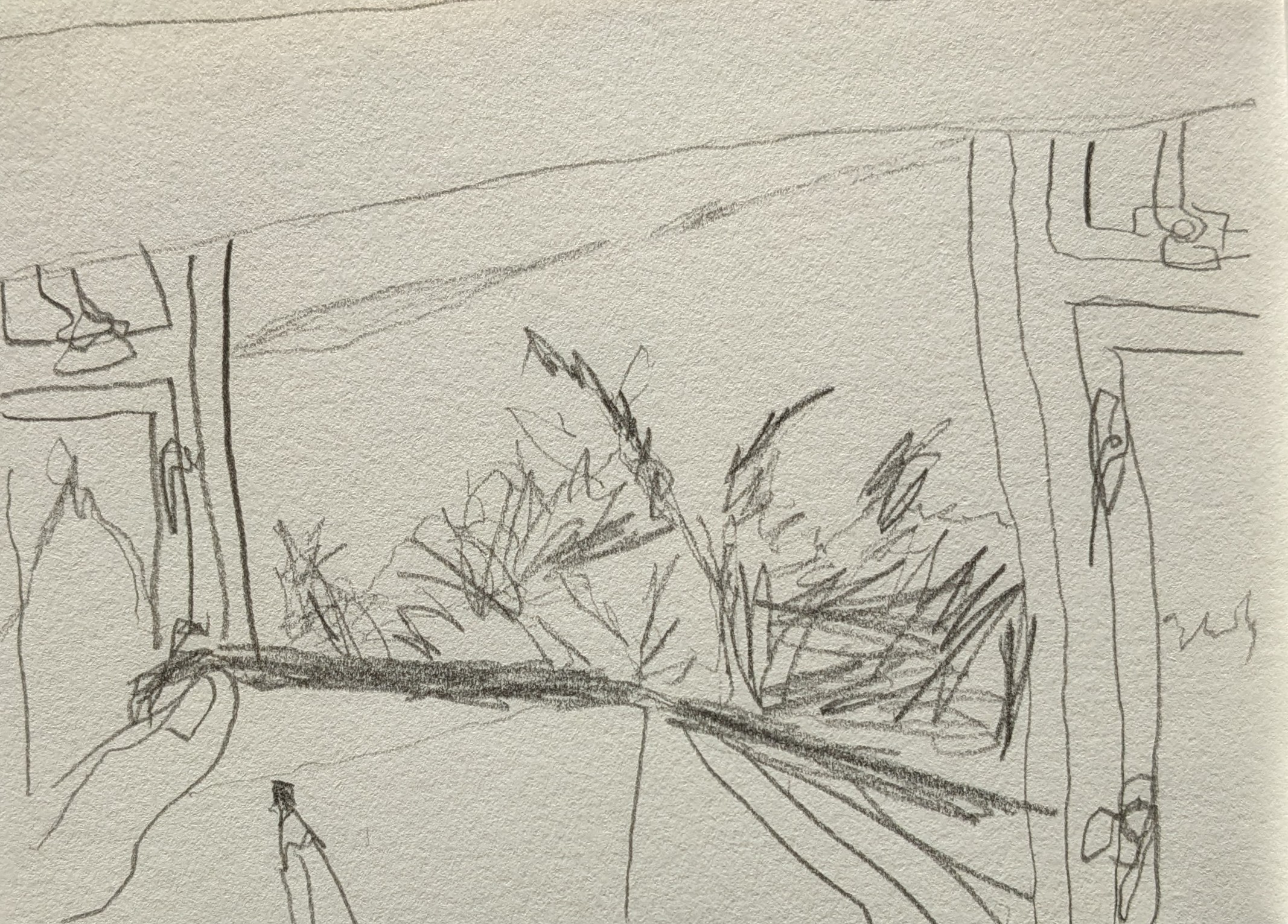 An observational pencil drawing of a window with trees outside it. The lines are wobbly and wonky in places and the artist's hand and pencil can be seen at the bottom, drawing the scene in their small sketchbook.