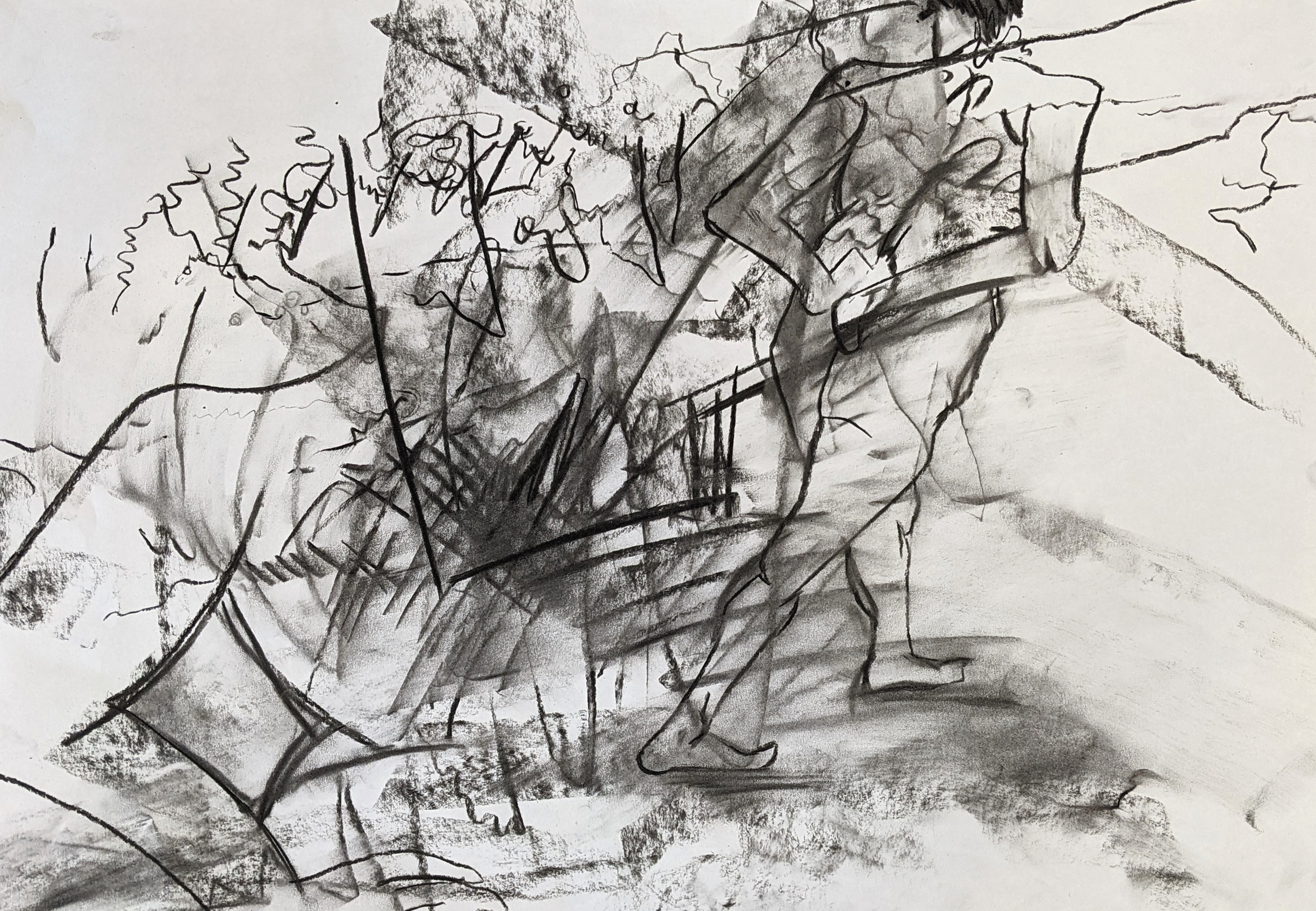 Abstract charcoal drawing of a large figure moving across the page with scribbles and cross hatched patterns around them. A close-up of the figures bent elbow and shoulder is in the foreground.