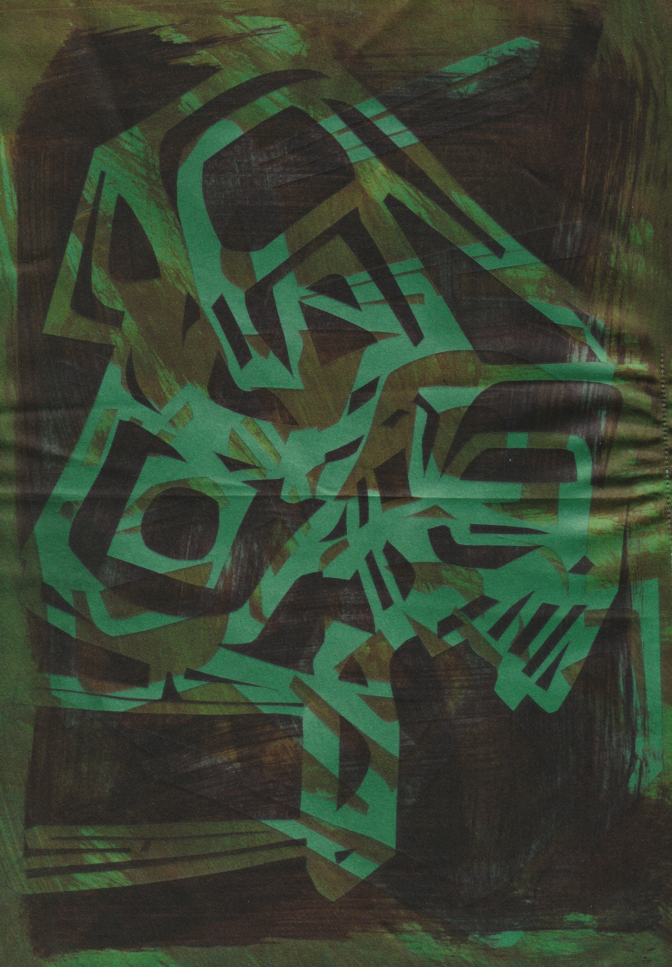 An abstract heat press print on fabric. The fabric is dark green with a large black background covering the center. Above this is a green silouhette of many chairs stacked on top of each other.