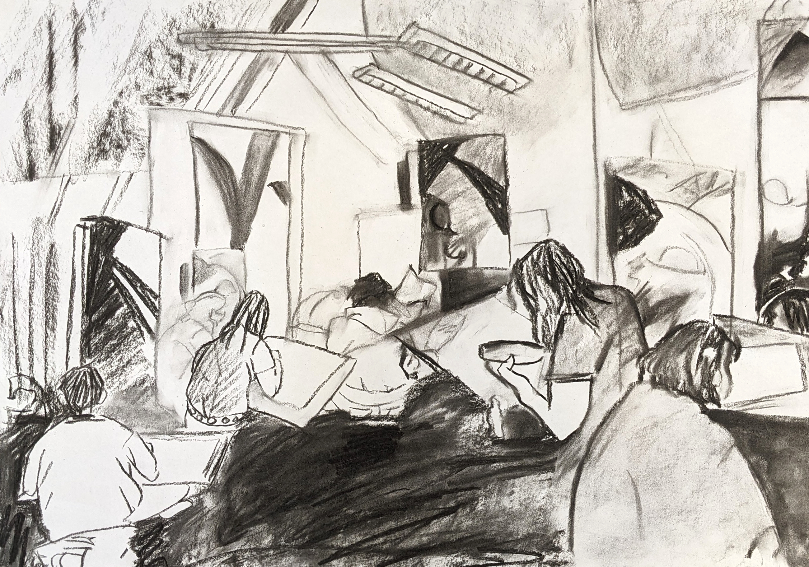 Semi-abstract charcoal drawing of a life drawing class, with students sitting and drawing in different perspectives.