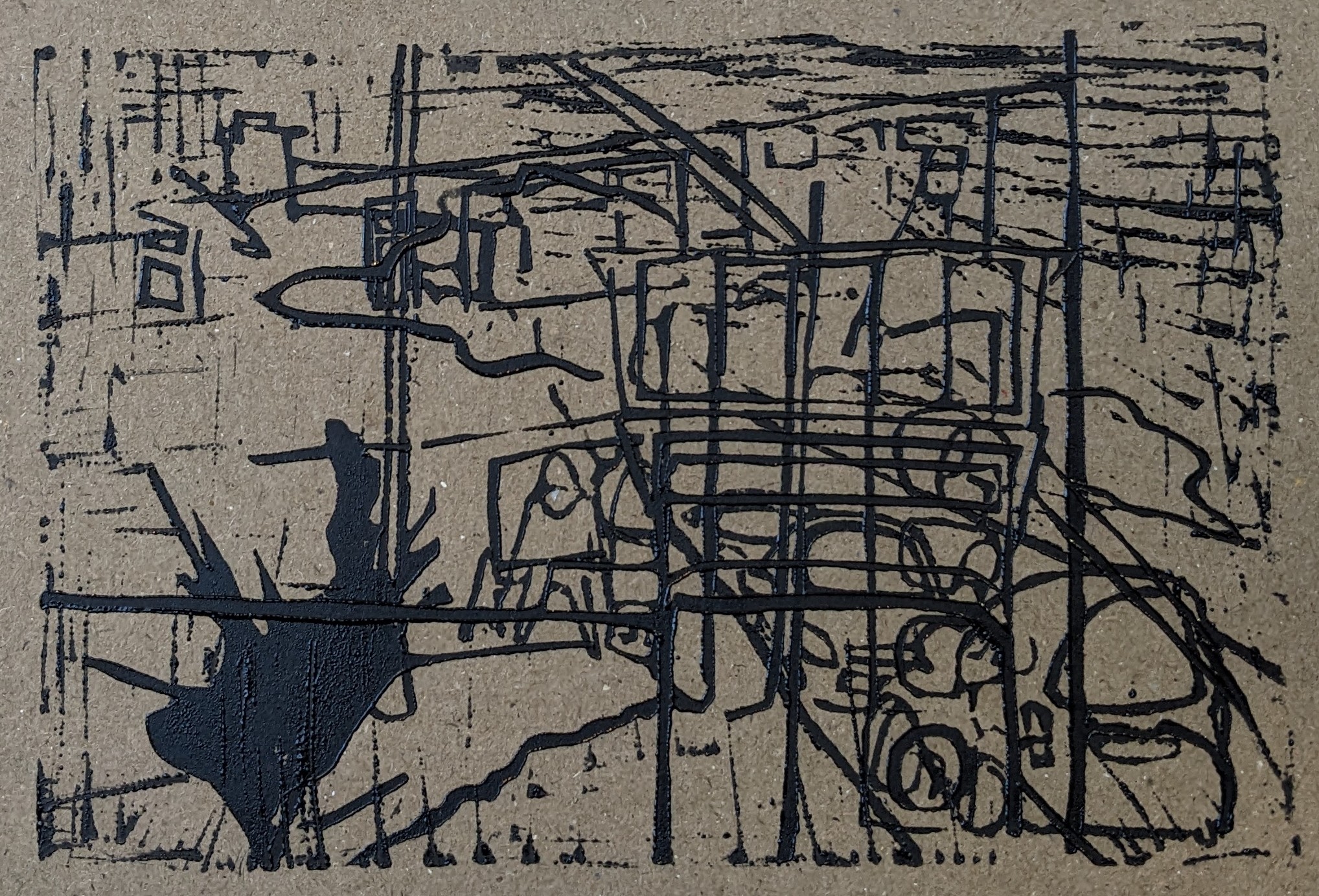 An abstract black lino print on brown paper of three different prints of outdoors life drawings layered over each other. Parked cars, a bush and a parent and child walking can be seen.