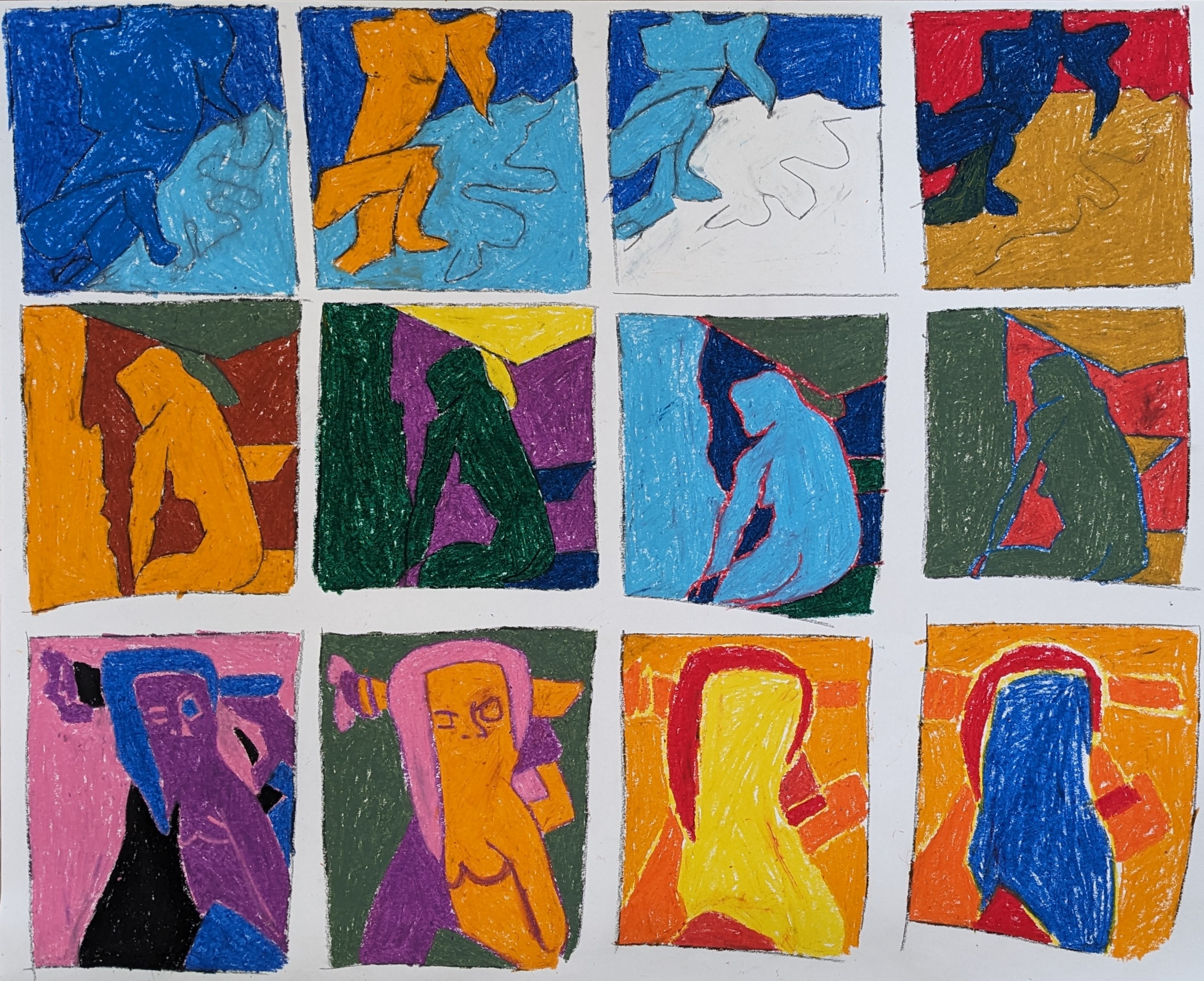 A series of 12 abstract life drawings exploring different colour schemes in oil pastel