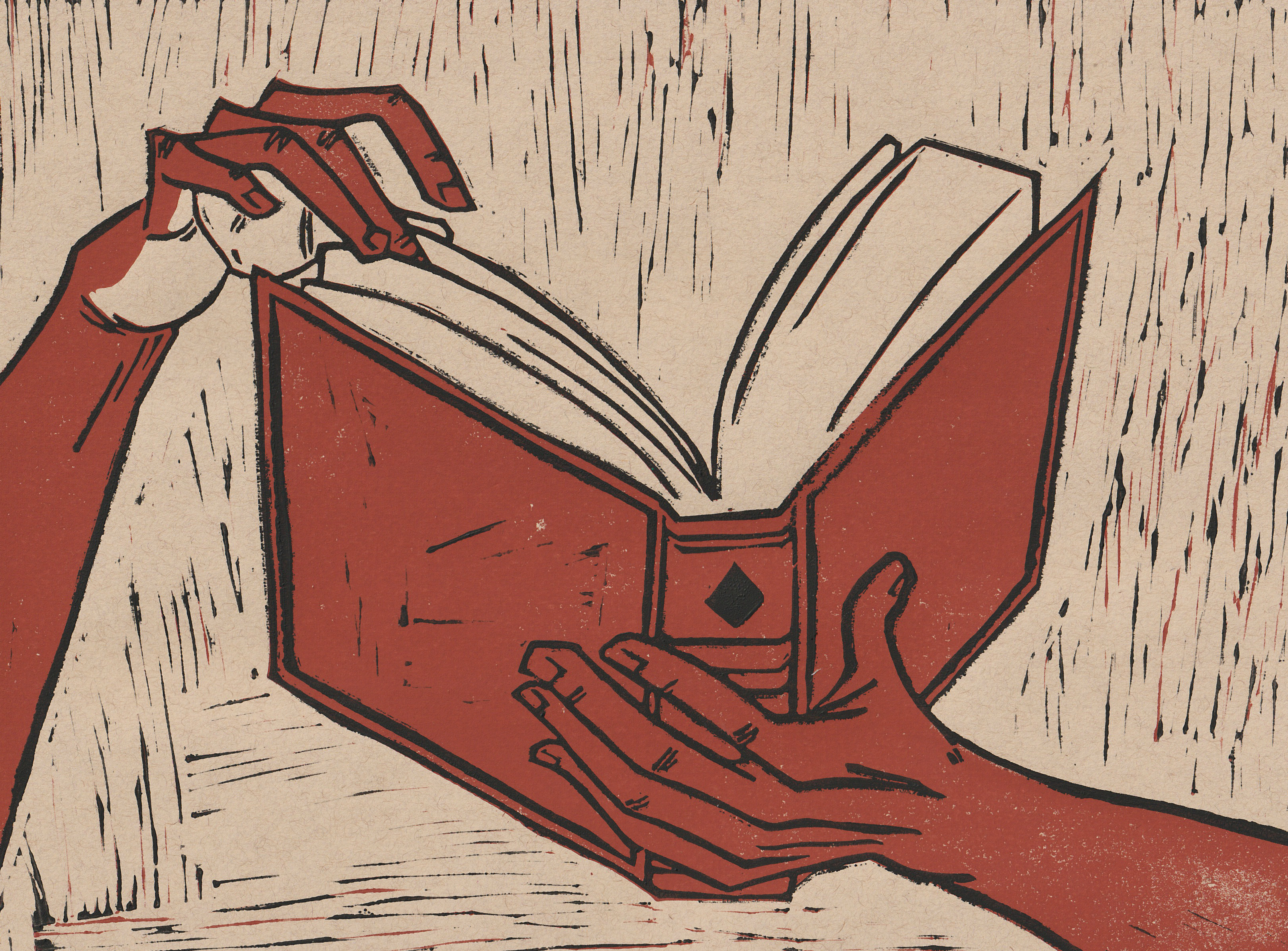 A linocut of a pair of brown-skinned and wrinkled hands holding an open book with one hand flipping a page.