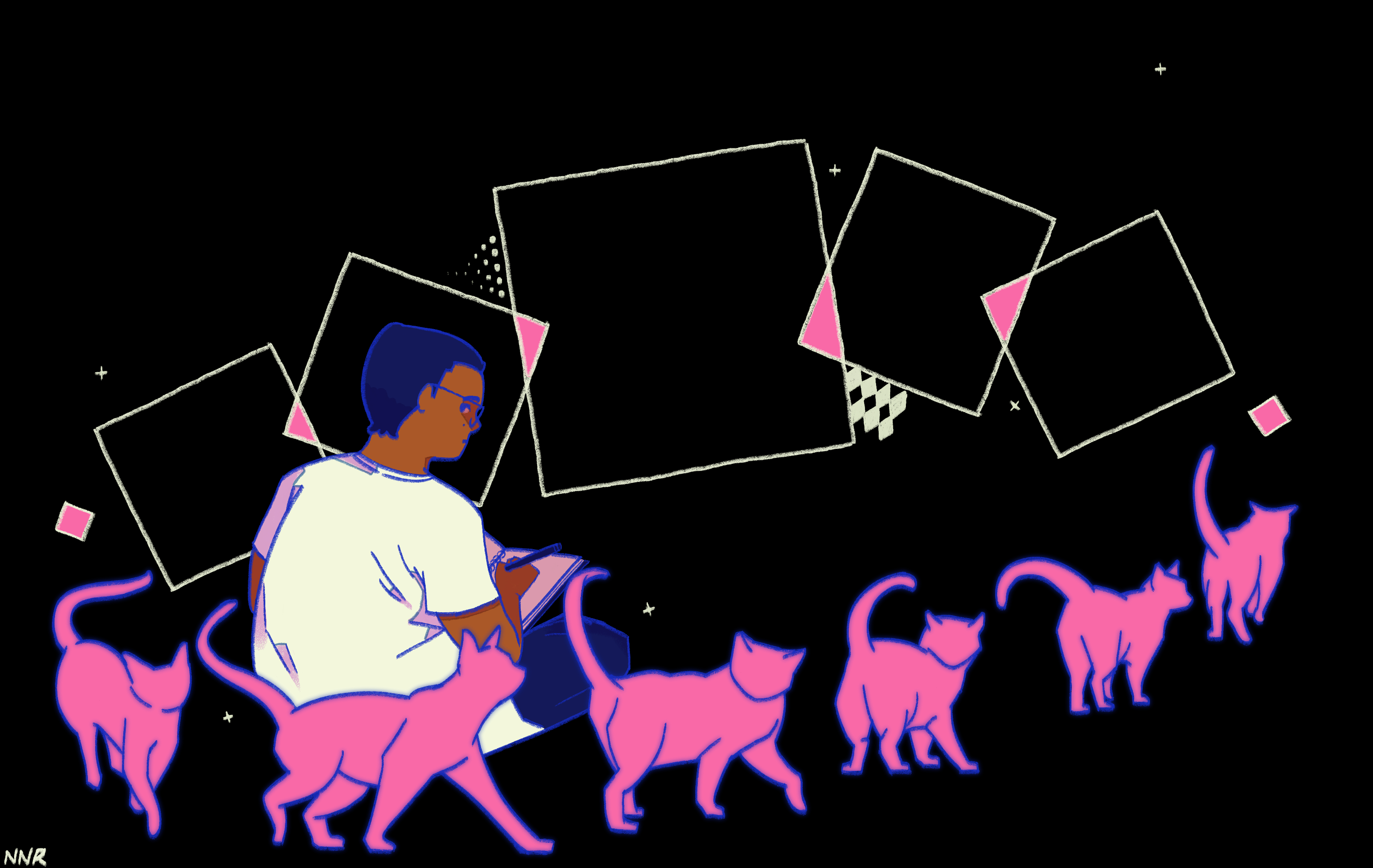 Digital Illustration of myself sitting down drawing with my back to the viewer while many pink silhouetted cat's walk past me in the foreground. I am a light skinned black person with short curly hair and glasses. I am wearing a white T-shirt and orange trousers. At the top of the background is a pattern of overlapping white squares that curve over the length of the image.